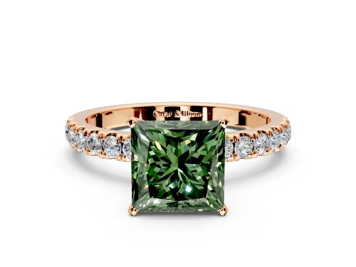 Open Basket Engagement Ring Setting for Fancy Green Princess Cut Center with Pave Band and Prong Head in Rose Gold