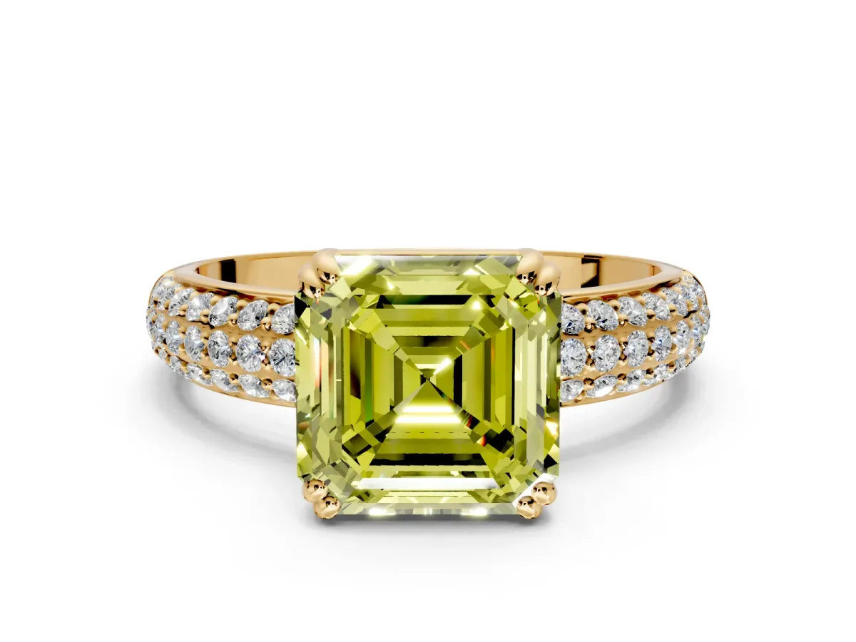 Solitaire Engagement Ring Setting for Fancy Yellow Asscher Cut Center with Multi-Row Pave Accents and Basket Head in Yellow Gold