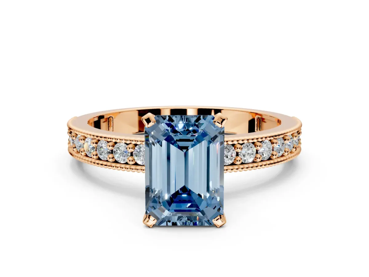 Milgrain Pave Engagement Ring Setting for Fancy Blue Emerald Cut Center with Accent Band and Prong Head in Rose Gold