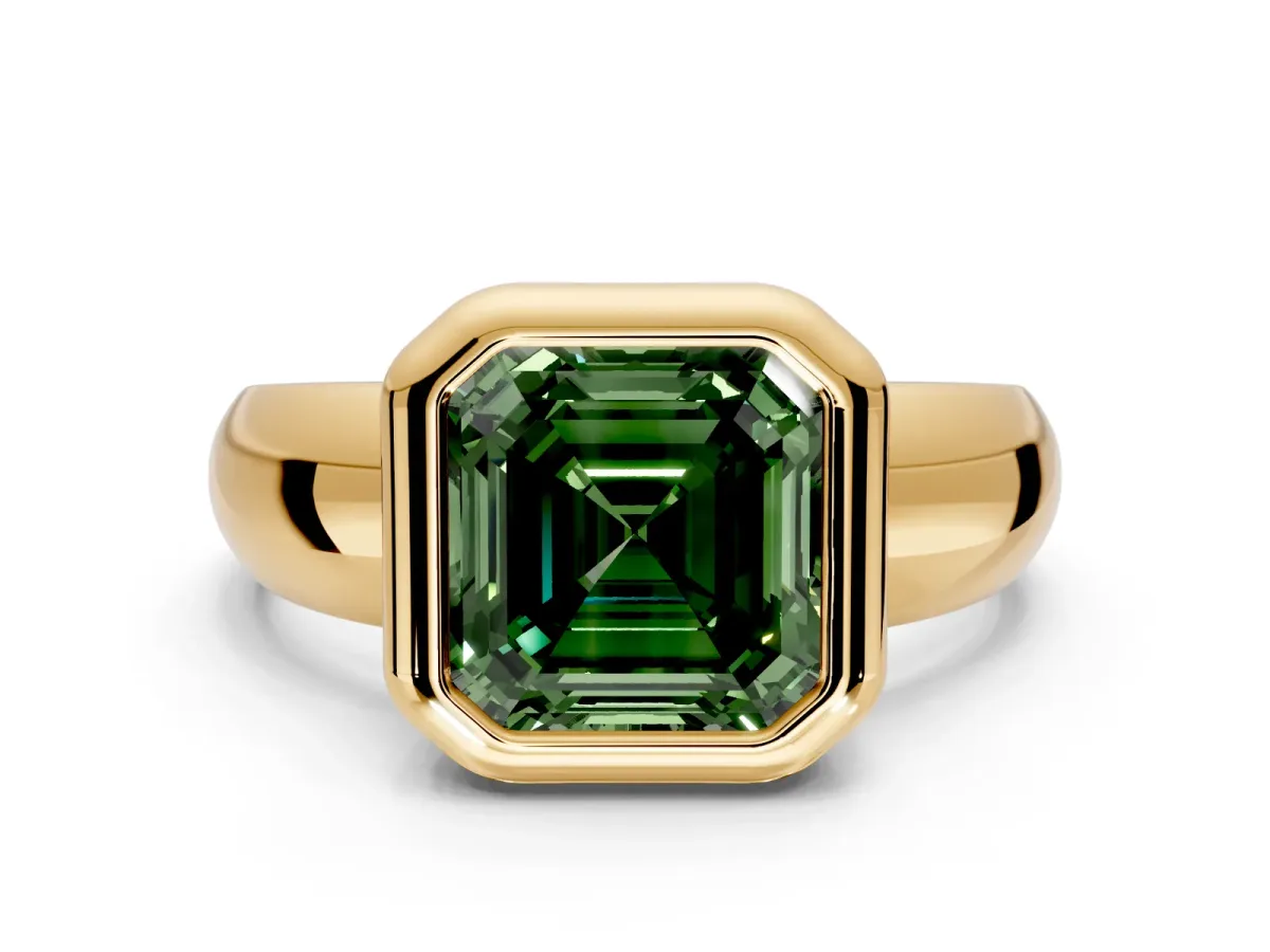 Solitaire Engagement Ring Setting for Fancy Green Asscher Cut Center with Wide Band and Bezel Head in Yellow Gold