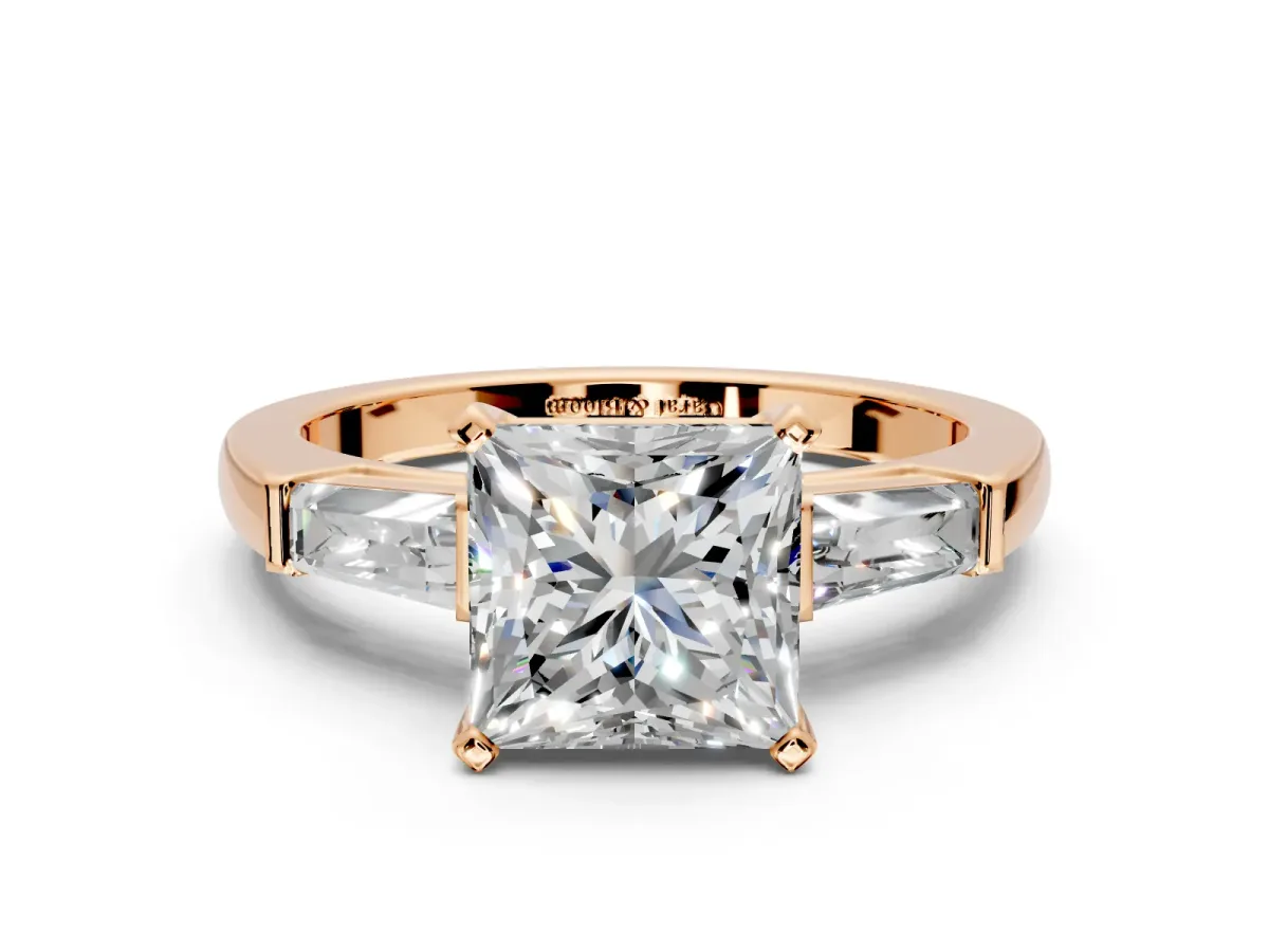 3 Stone Engagement Ring Setting for Princess Cut Center with Tapered Baguettes, Plain Band and Prong Head in Rose Gold