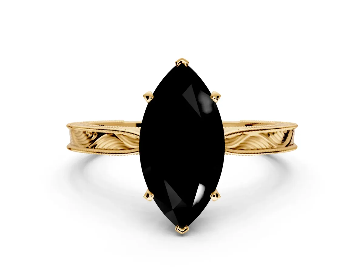 Solitaire Engagement Ring Setting for Fancy Black Marquise Center with Engraved Milgrain Band and Prong Head in Yellow Gold