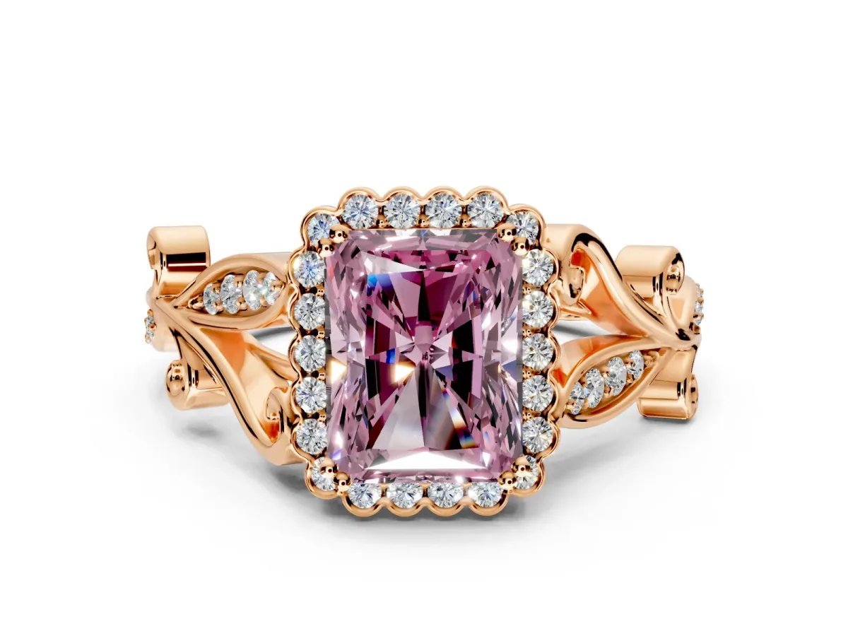 Halo Engagement Ring Setting for Fancy Pink Radiant Cut Center with Leaf Motif Split Shank and Prong Head in Rose Gold