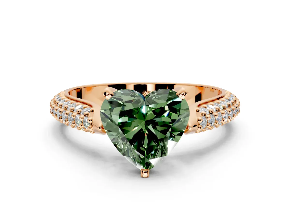 Solitaire Engagement Ring Setting for Fancy Green Heart-Shaped Center with Multi-Row Accents and Prong Head in Rose Gold