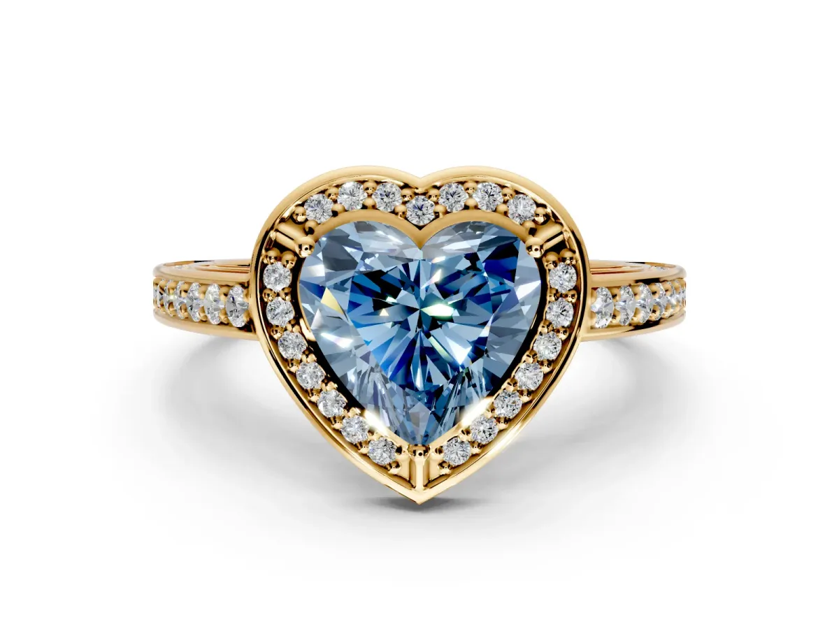 Halo Engagement Ring Setting for Fancy Blue Heart-Shaped Center with Framed Halo, Pave Band and Prong Head in Yellow Gold