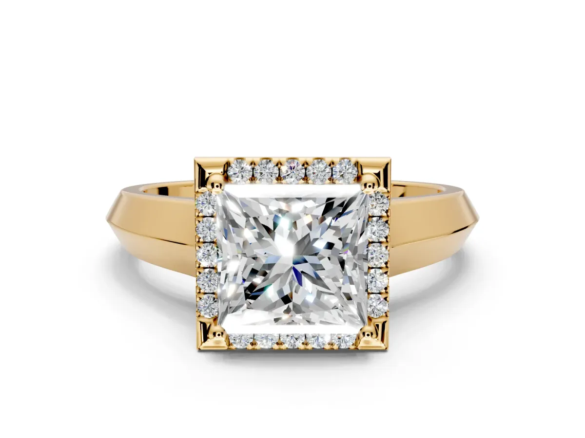Halo Engagement Ring Setting for Princess Cut Center with Knife Ridge Cathedral Band and Prong Head in Yellow Gold