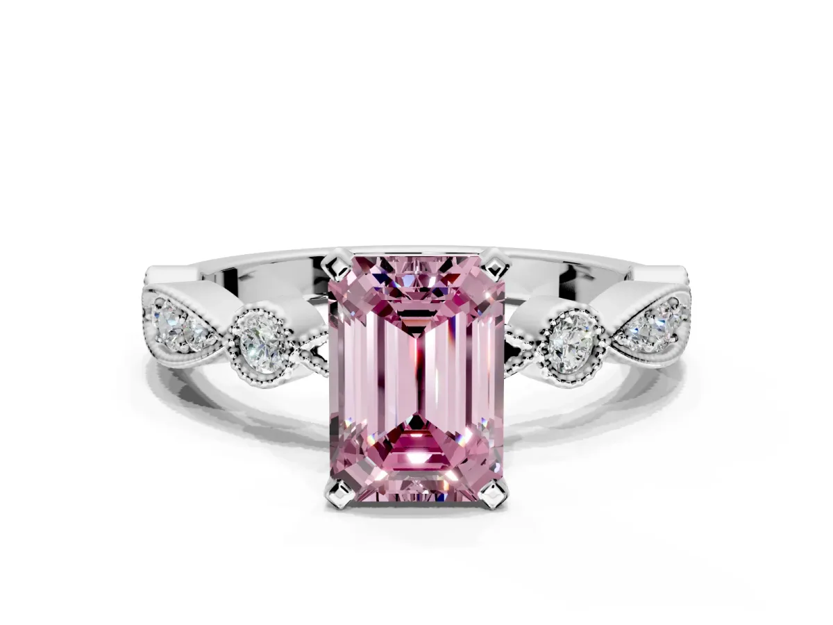 Solitaire Engagement Ring Setting for Fancy Pink Emerald Cut Center with Milgrain Bezel Accents and Prong Head in Platinum