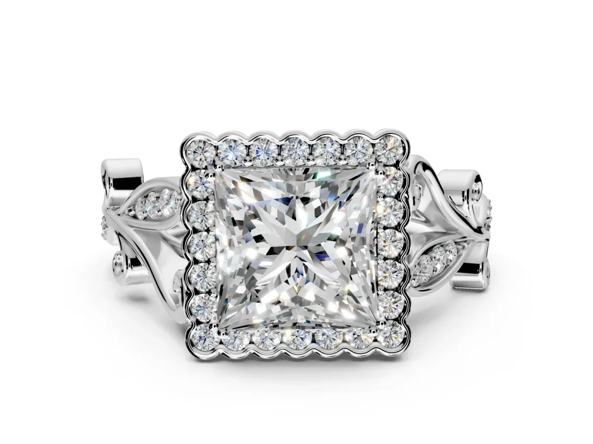 Halo Engagement Ring Setting for Princess Cut Center with Leaf Motif Split Shank and Prong Head in Platinum