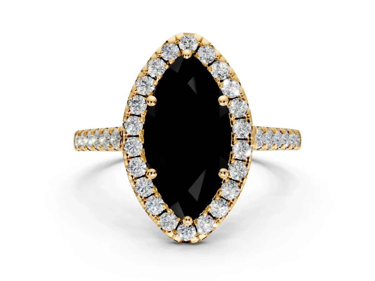Halo Engagement Ring Setting for Fancy Black Marquise Center with Narrowing Pave Band and Prong Head in Yellow Gold