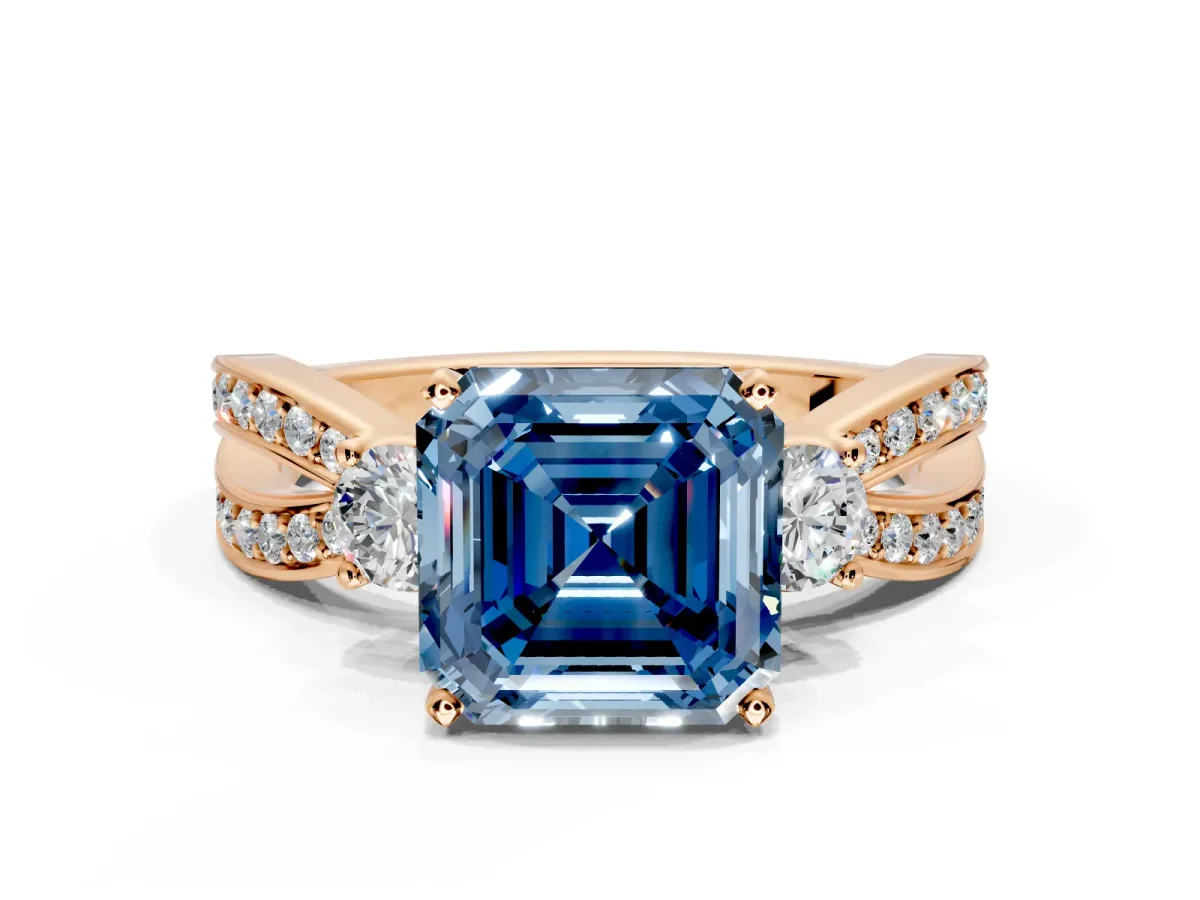 3 Stone Engagement Ring Setting for Fancy Blue Asscher Cut Center with Pave Twist Band and Prong Head in Rose Gold