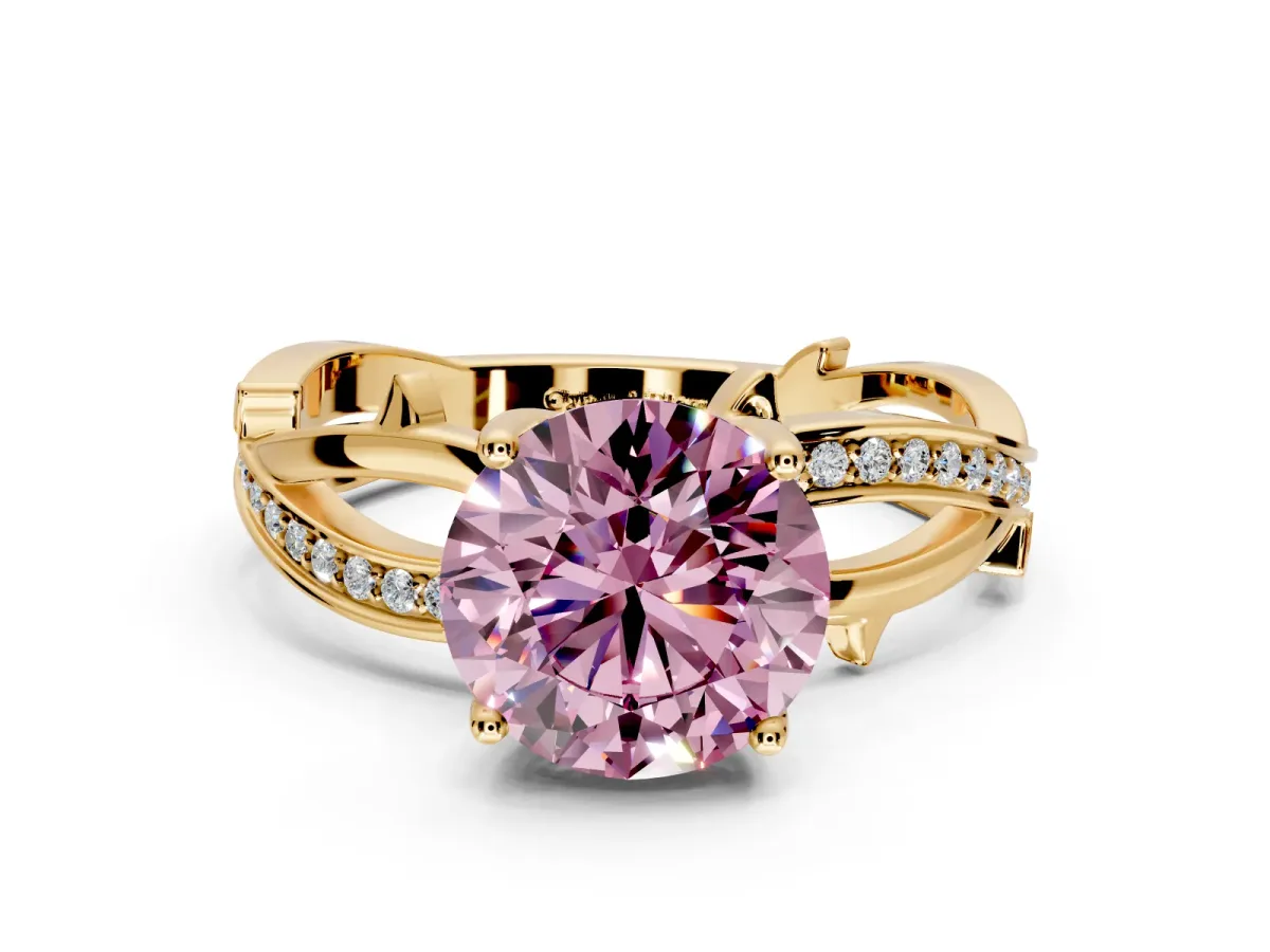 Solitaire Engagement Ring Setting for Fancy Pink Round Cut Center with Pave and Plain Crossover Band and Prong Head in Yellow Gold