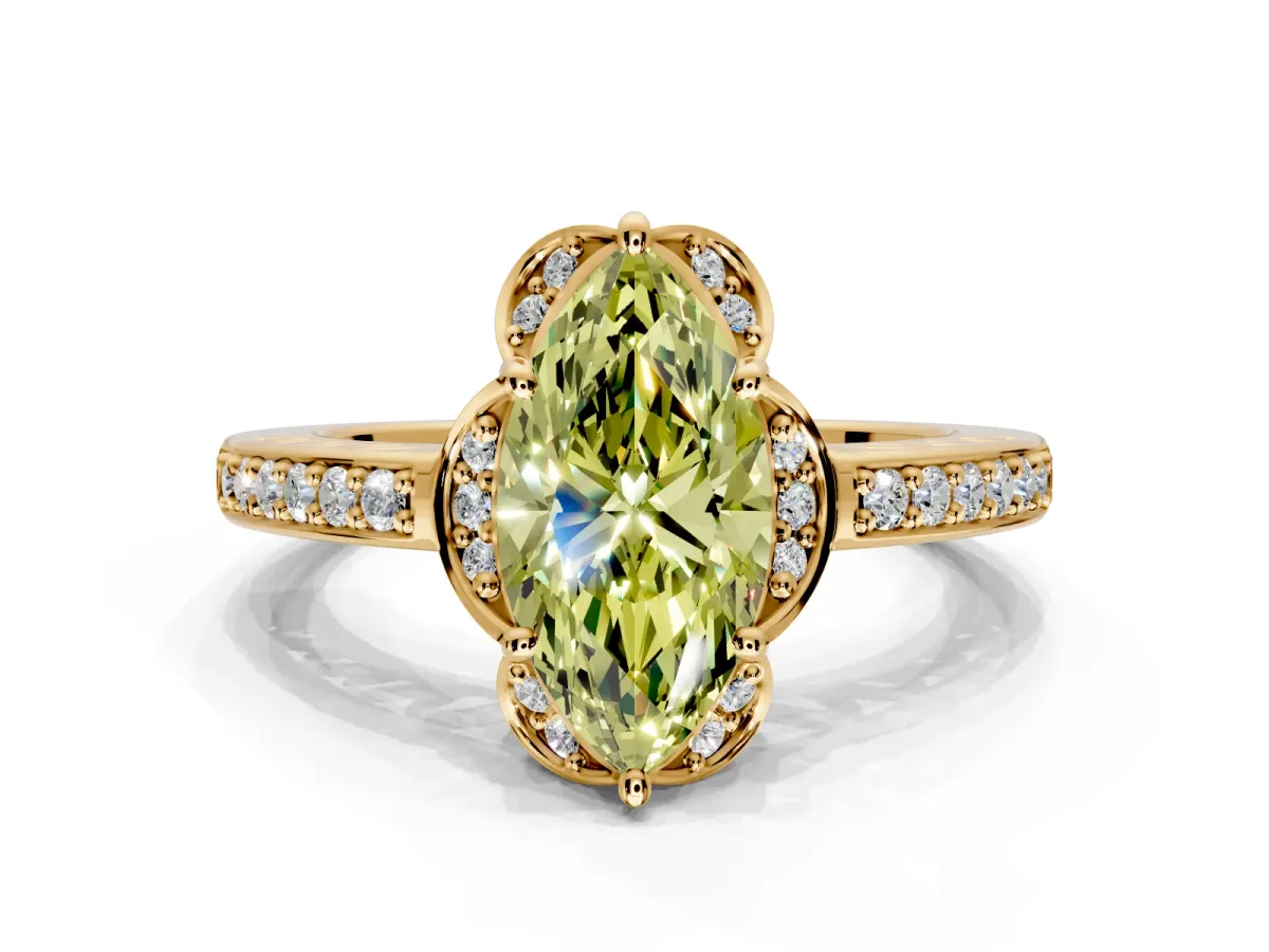 Floral Engagement Ring Setting for Fancy Yellow Marquise Center with Four Accent Clusters and Prong Head in Yellow Gold