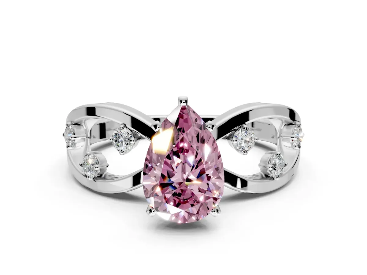 Solitaire Engagement Ring Setting for Fancy Pink Pear-Shaped Center with Criss-Cross Accent Band and Prong Head in Sterling Silver