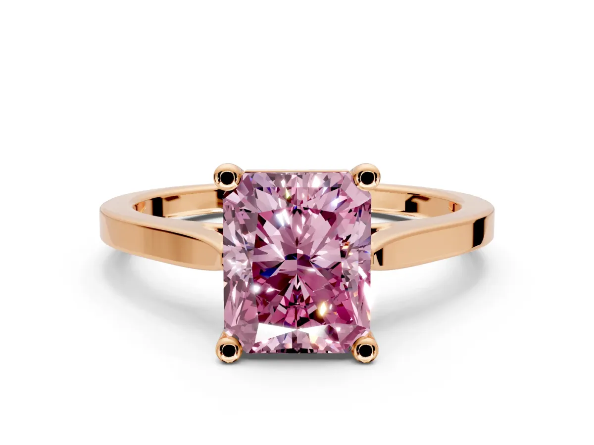 Solitaire Engagement Ring Setting for Fancy Pink Radiant Cut Center with Tapered Shoulders and Prong Head in Rose Gold