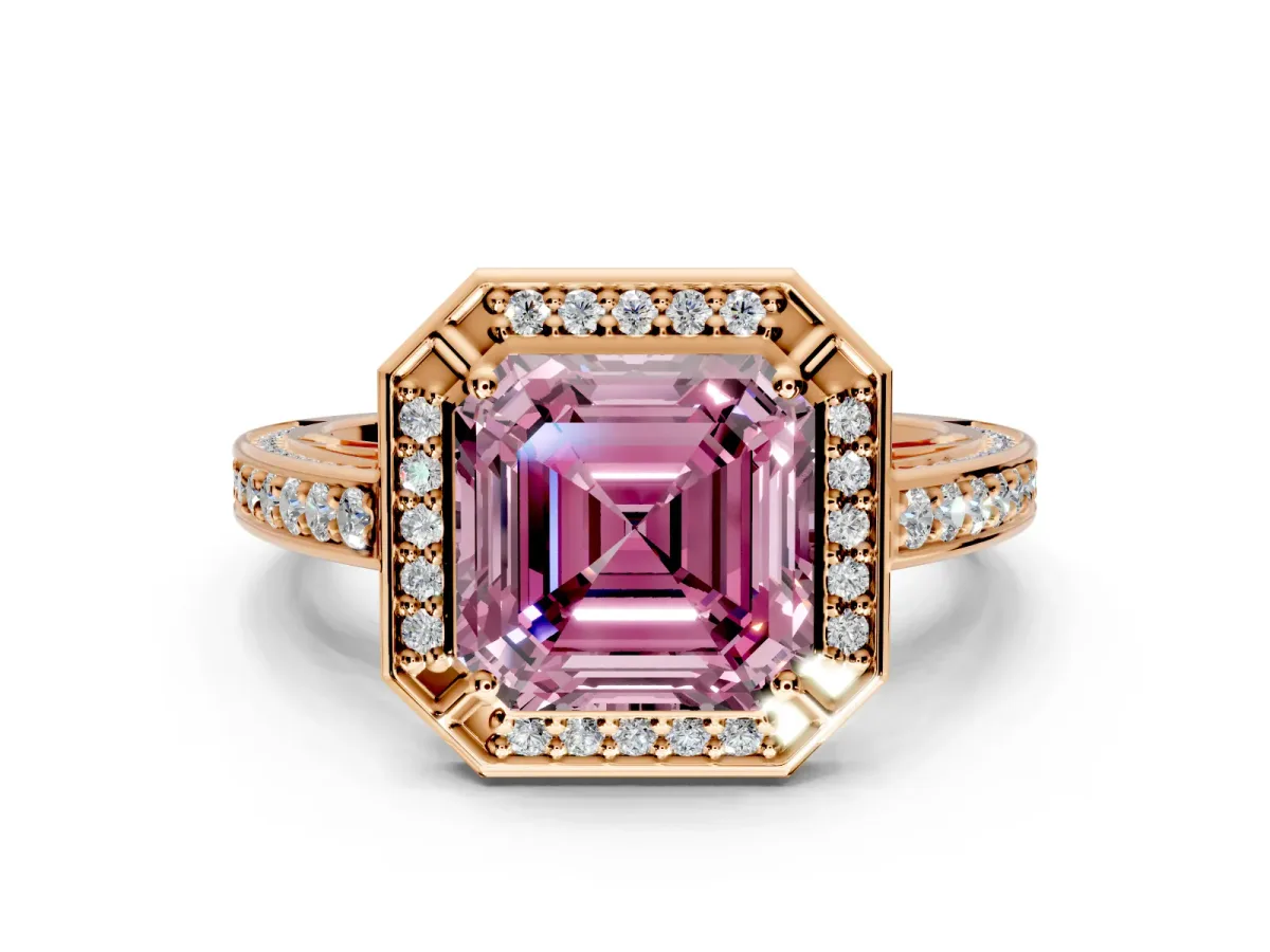 Halo Engagement Ring Setting for Fancy Pink Asscher Cut Center with Framed Halo, Pave Band and Prong Head in Rose Gold