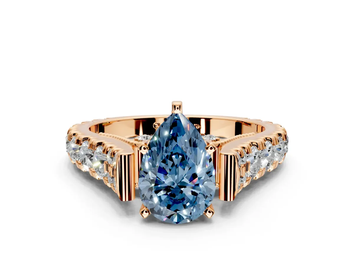 Solitaire Engagement Ring Setting for Fancy Blue Pear-Shaped Center with Pave Cathedral Shoulders and Prong Head in Rose Gold