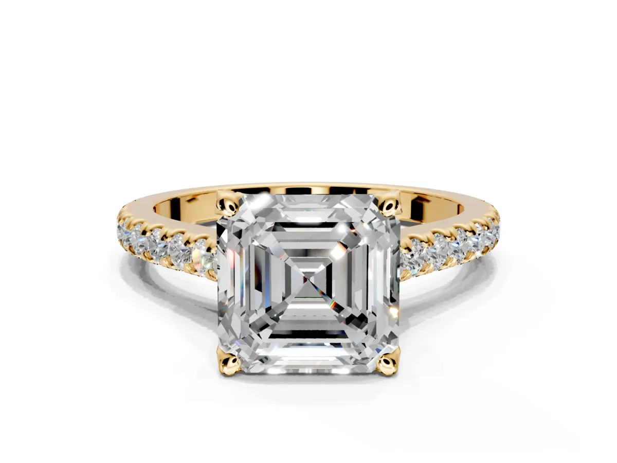 Solitaire Engagement Ring Setting for Asscher Cut Center with Widening Pave Band and Claw Prong Head in Yellow Gold