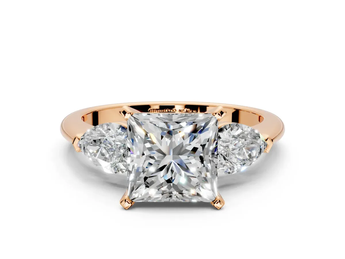 3 Stone Engagement Ring Setting for Princess Cut Center with Large Pear-Shaped Accents and Prong Head in Rose Gold