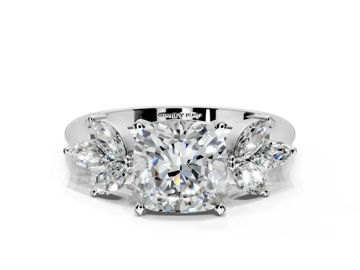 Floral Cluster Engagement Ring Setting for Cushion Cut Center with Marquise Accents and Prong Head in Platinum