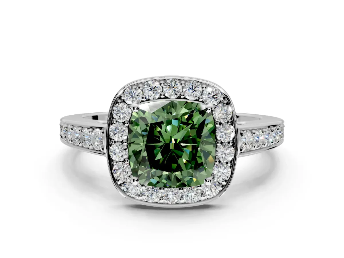 Bezel-Framed Halo Engagement Ring Setting for Fancy Green Cushion Cut Center with Pave Band and Prong Head in White Gold