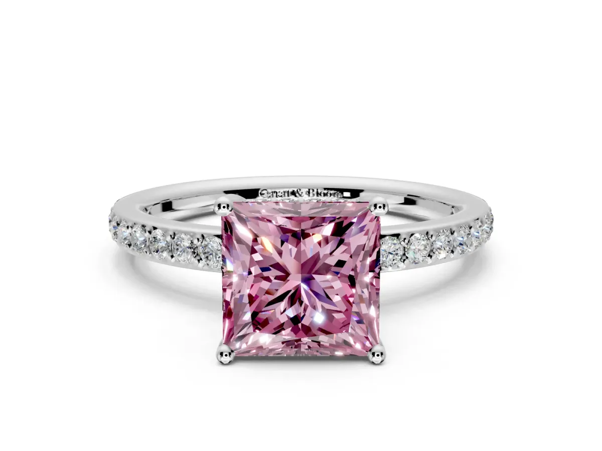 Solitaire Engagement Ring Setting for Fancy Pink Princess Cut Center with Fine Pave Band and Prong Head in Platinum