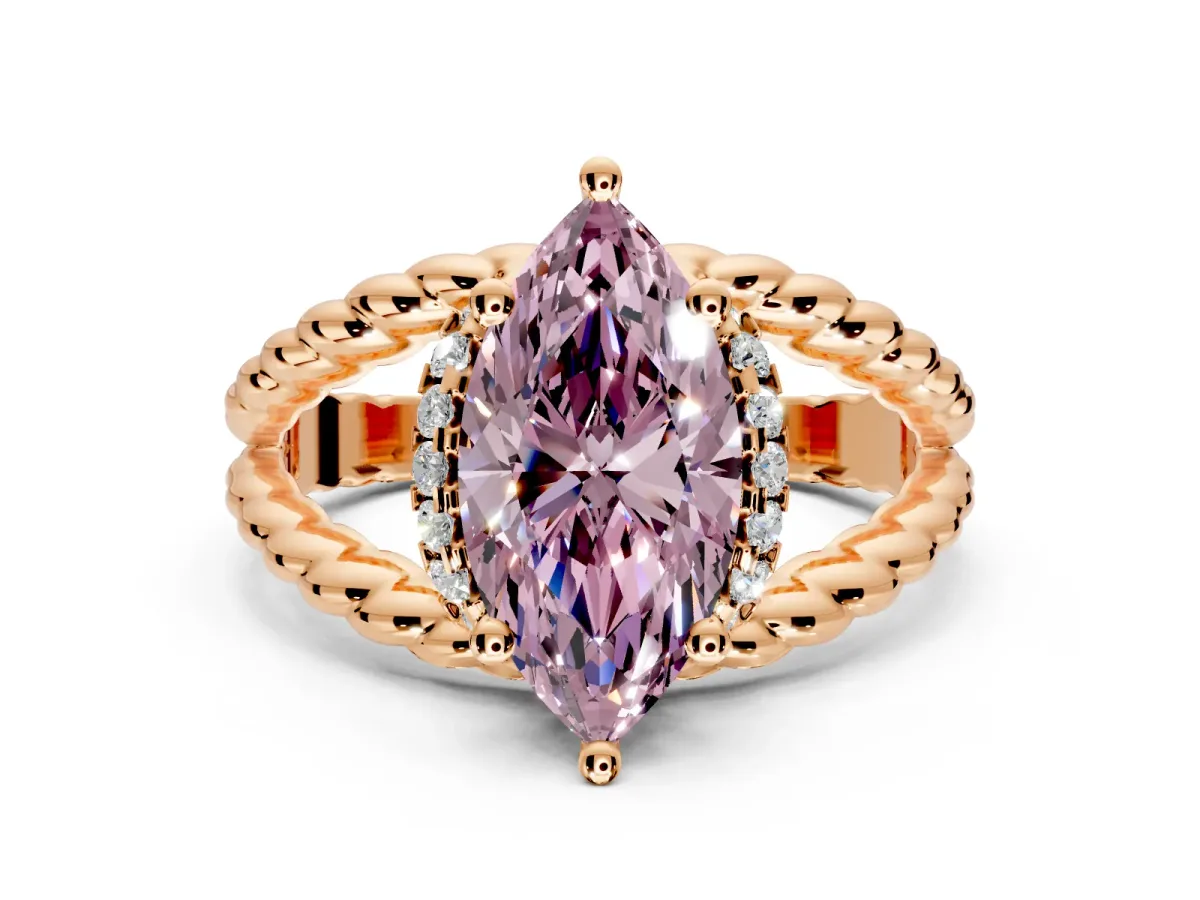 Halo Engagement Ring Setting for Fancy Pink Marquise Center with Rope Twist Split Shank and Prong Head in Rose Gold