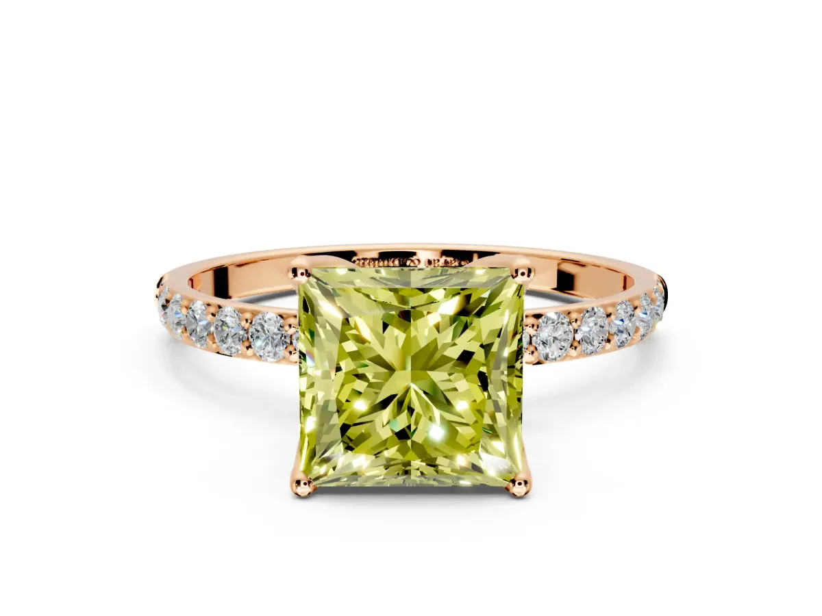 Solitaire Engagement Ring Setting for Fancy Yellow Princess Cut Center with Fine Pave Accents and Prong Head in Rose Gold