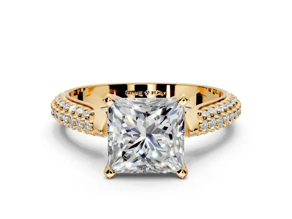 Solitaire Engagement Ring Setting for Princess Cut Center with Multi-Row Accents and Prong Head in Yellow Gold
