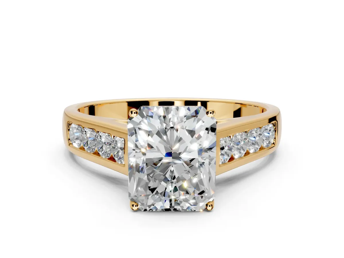 Solitaire Engagement Ring Setting for Radiant Cut Center with Round Cut Channel Band and Prong Head in Yellow Gold