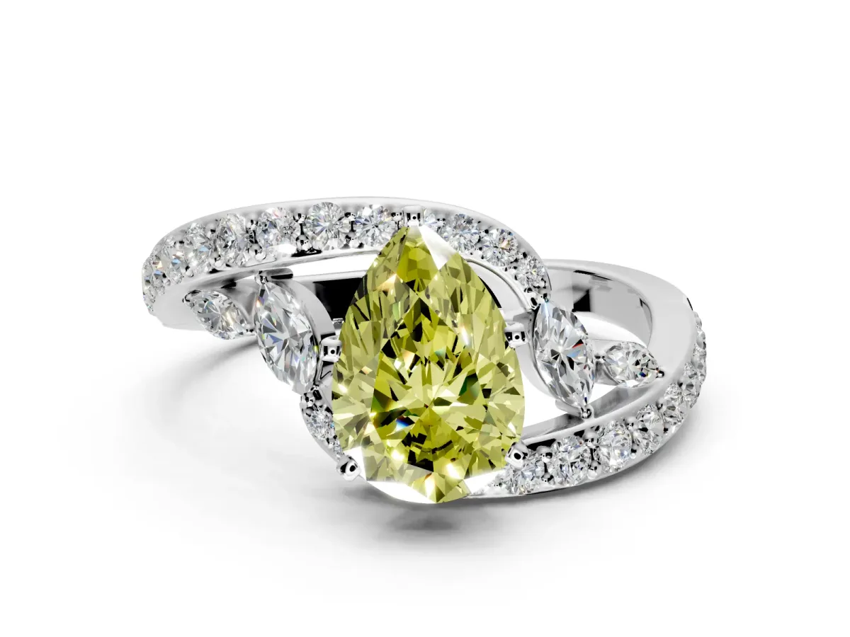 Solitaire Engagement Ring Setting for Fancy Yellow Pear-Shaped Center with Pave Bypass Twist Band and Prong Head in Platinum