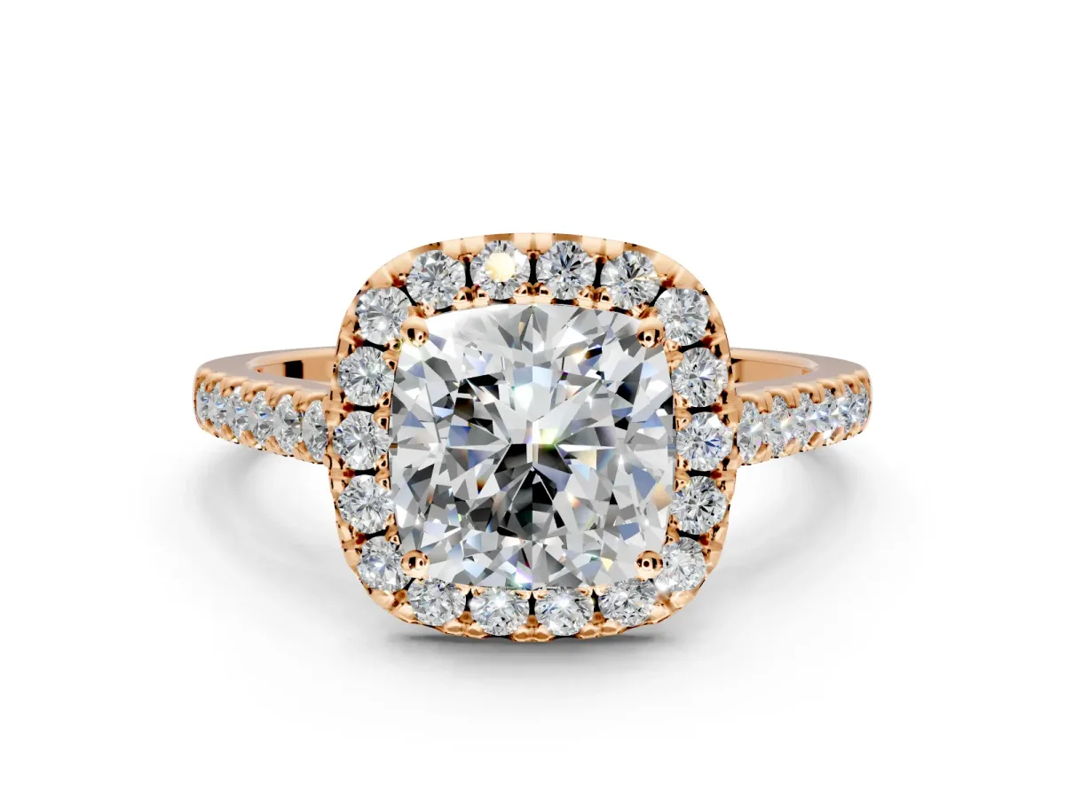 Halo Engagement Ring Setting for Cushion Cut Center with Narrowing Pave Band and Prong Head in Rose Gold