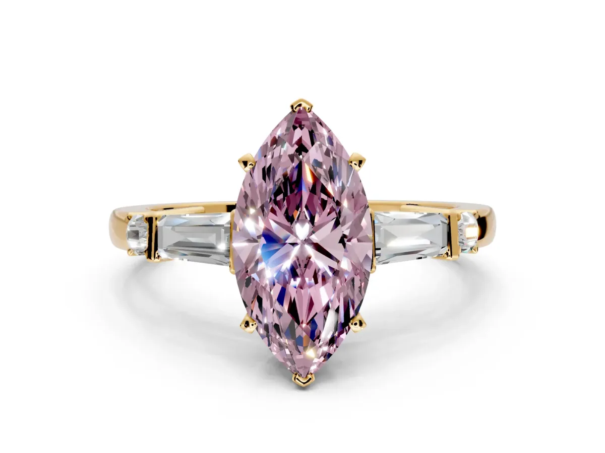 Bar-Set Engagement Ring Setting for Fancy Pink Marquise Center with Tapered Baguette Accents and Prong Head in Yellow Gold