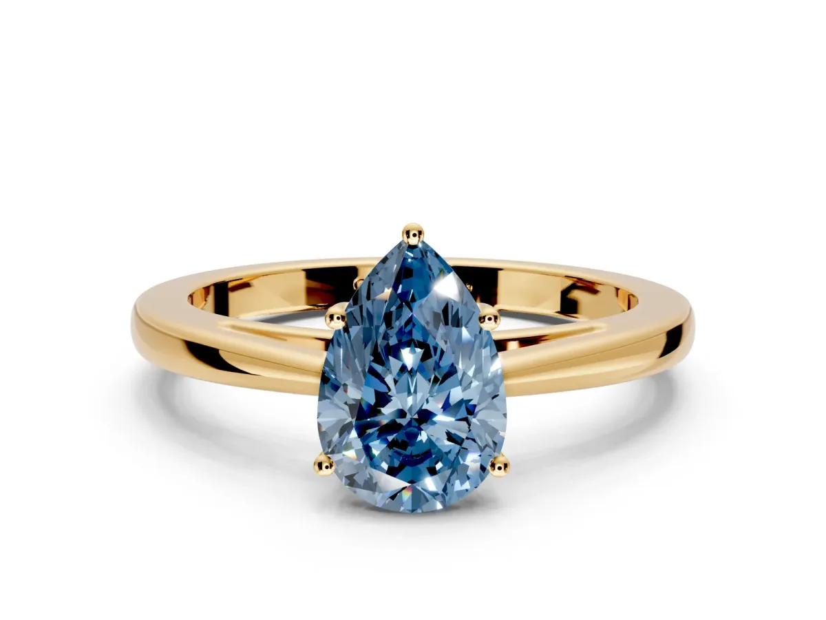 Solitaire Engagement Ring Setting for Fancy Blue Pear-Shaped Center with Open Cathedral Shoulders and Prong Head in Yellow Gold