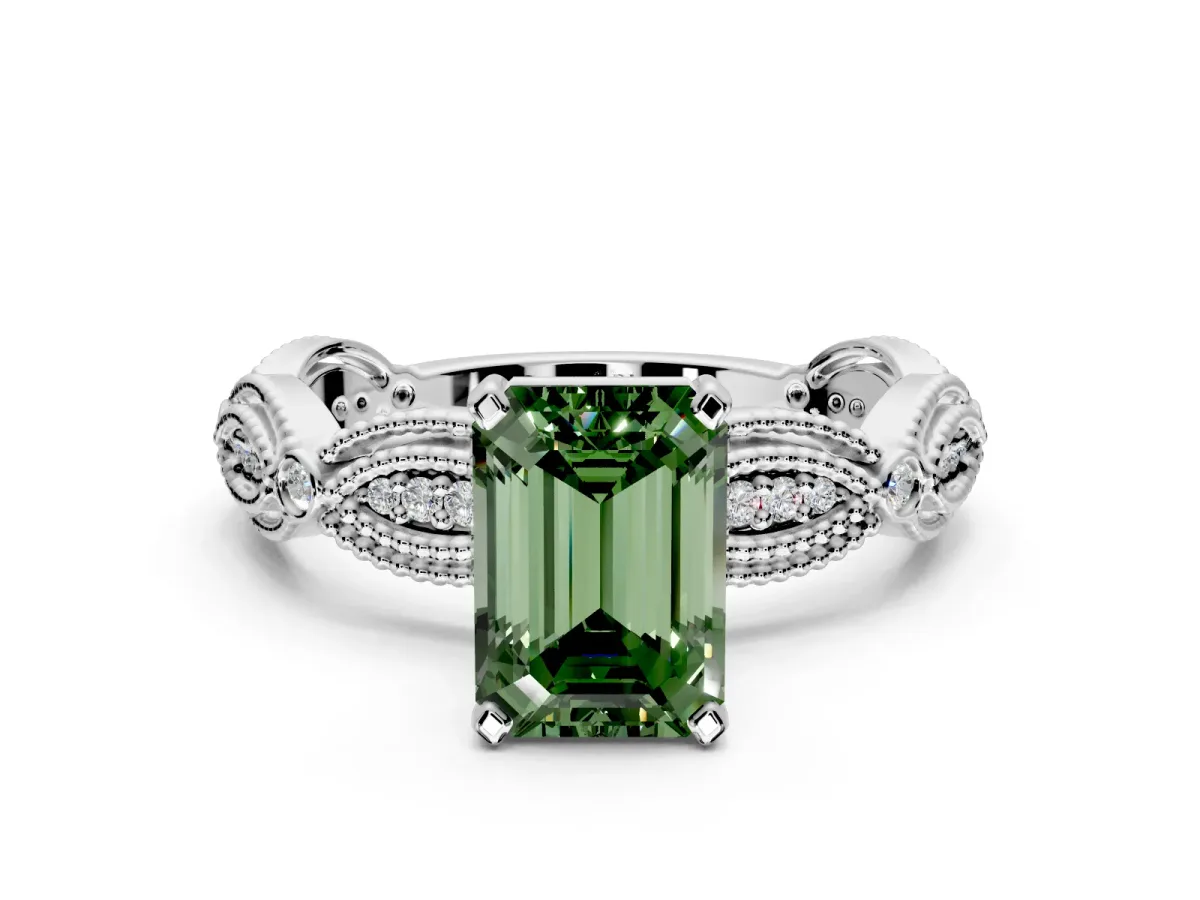 Solitaire Engagement Ring Setting for Fancy Green Emerald Cut Center with Marquise Panel Band and Prong Head in Sterling Silver