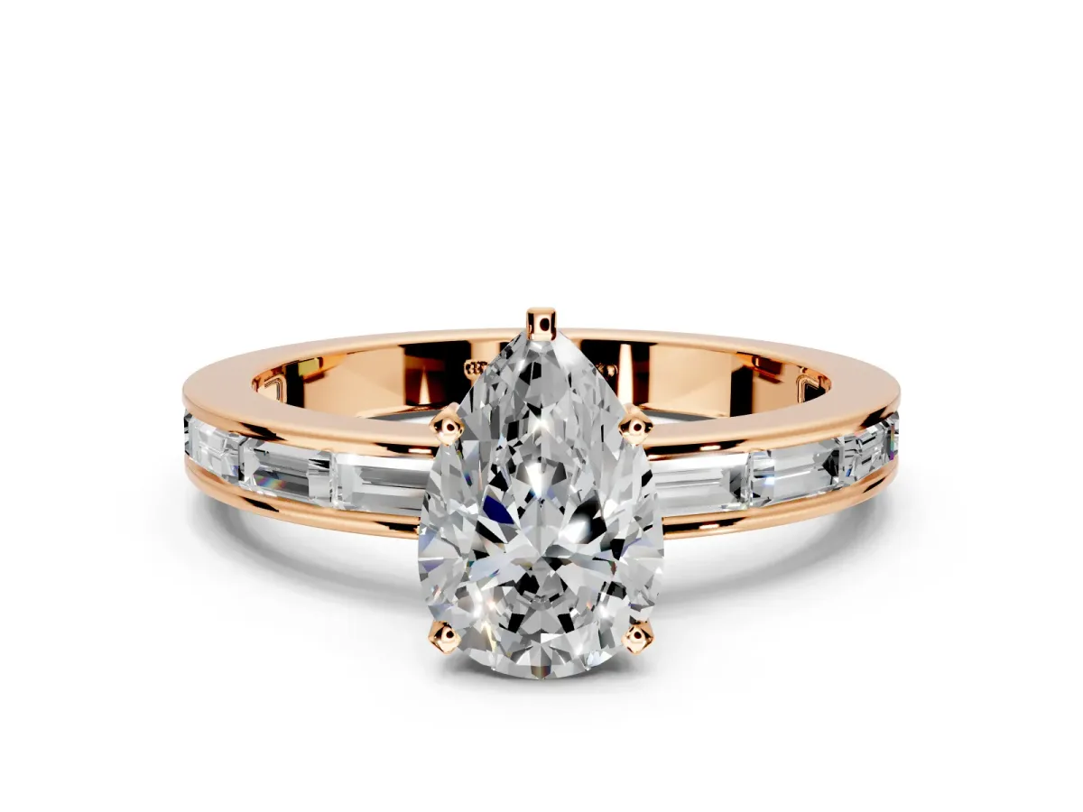 Solitaire Engagement Ring Setting for Pear-Shaped Center with Channel Baguette Band and Prong Head in Rose Gold