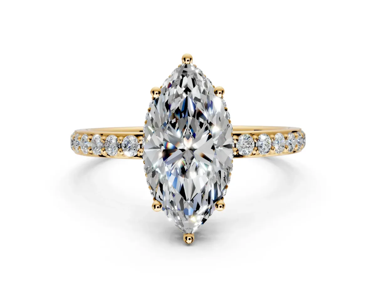 Hidden Halo Engagement Ring Setting for Marquise Center with Pave Band and Prong Head in Yellow Gold
