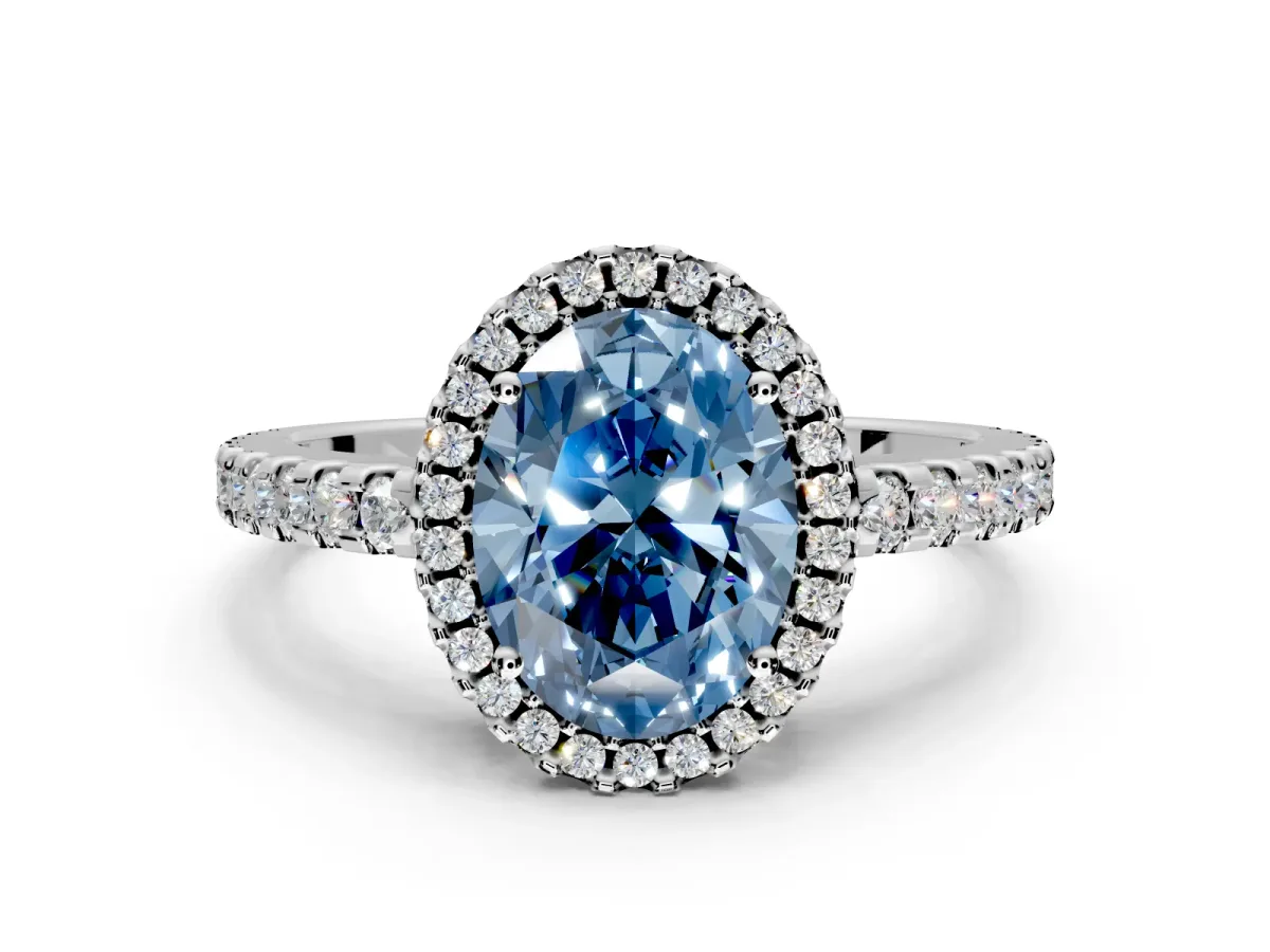 Accent Halo Engagement Ring Setting for Fancy Blue Oval Center with Full-Length Pave Band and Prong Head in White Gold