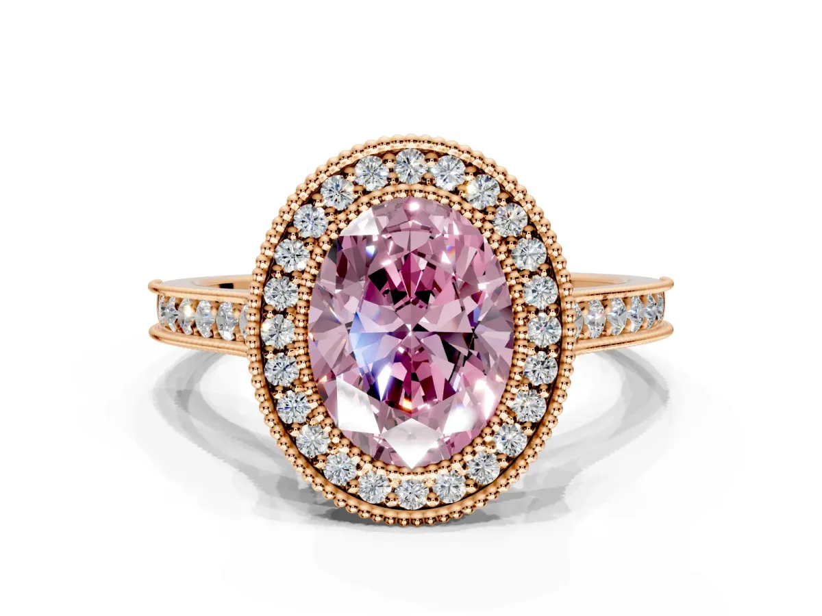 Halo Engagement Ring Setting for Fancy Pink Oval Center with Milgrain Pave Band and Bezel Head in Rose Gold