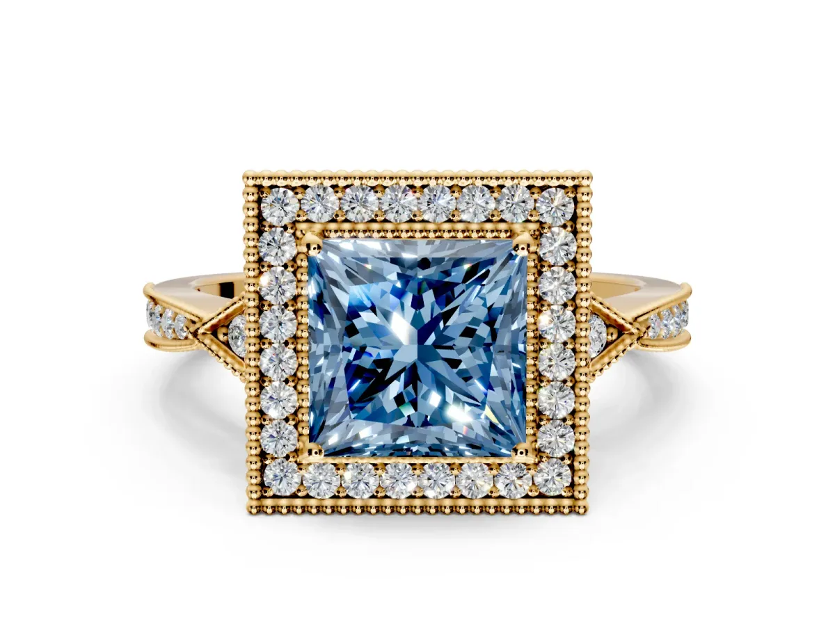 Halo Engagement Ring Setting for Fancy Blue Princess Cut Center with Milgrain Rim, Pave Band and Prong Head in Yellow Gold