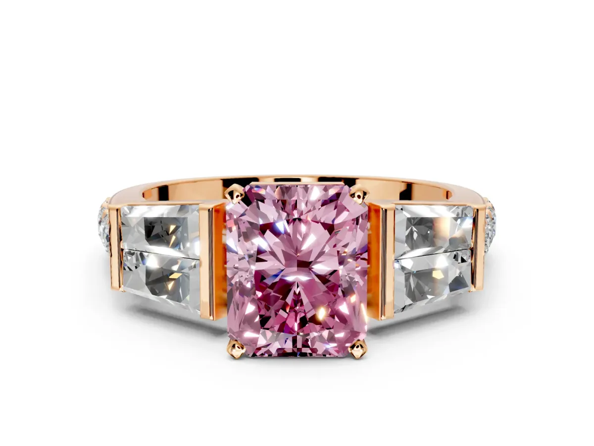 Channel-Set Engagement Ring Setting for Fancy Pink Radiant Cut Center with Baguette Band and Prong Head in Rose Gold