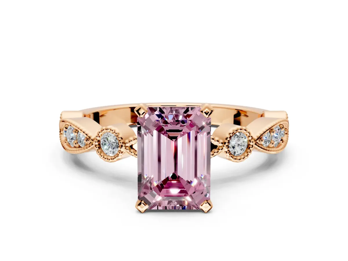 Solitaire Engagement Ring Setting for Fancy Pink Emerald Cut Center with Milgrain Bezel Accents and Prong Head in Rose Gold