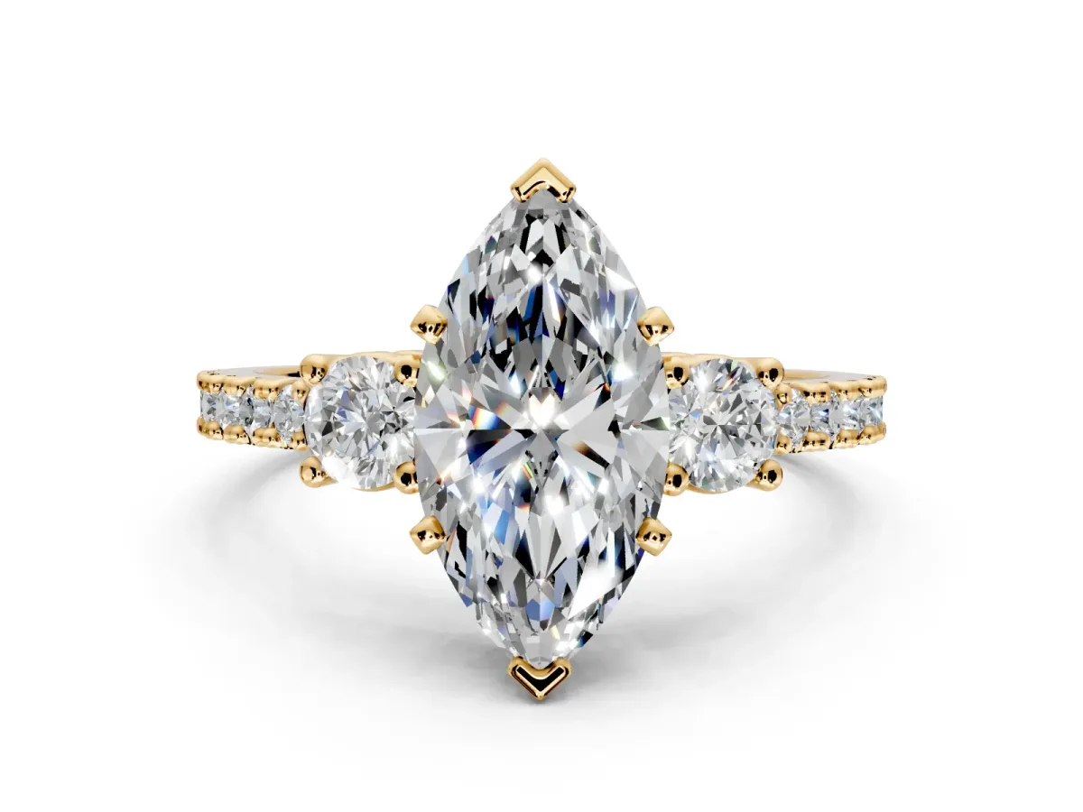 3 Stone Engagement Ring Setting for Marquise Center with Round Cut Side Accents and Prong Head in Yellow Gold