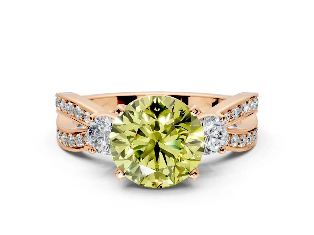 3 Stone Engagement Ring Setting for Fancy Yellow Round Cut Center with Pave Twist Band and Prong Head in Rose Gold