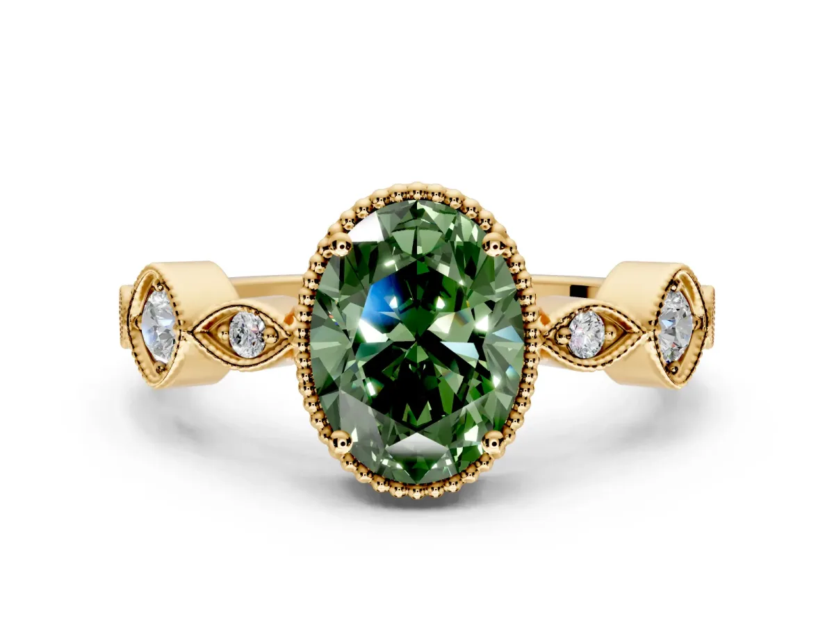 Vintage Station Engagement Ring Setting for Fancy Green Oval Center with Accents and Prong Head in Yellow Gold