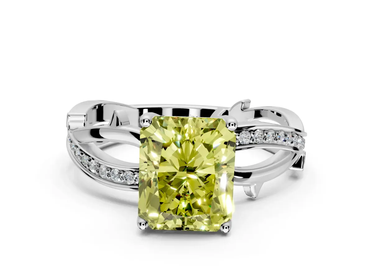 Solitaire Engagement Ring Setting for Fancy Yellow Radiant Cut Center with Pave and Plain Crossover Band and Prong Head in Sterling Silver