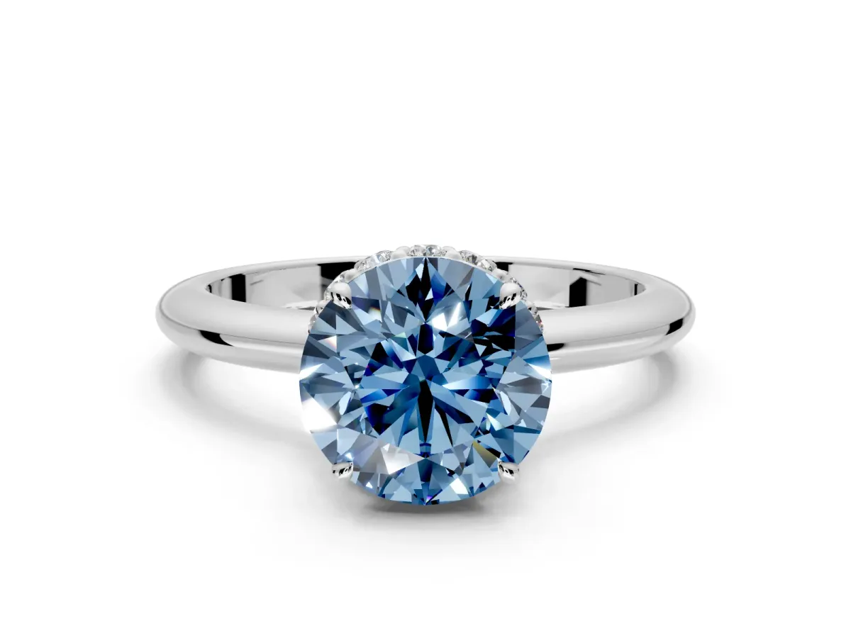 Hidden Halo Engagement Ring Setting for Fancy Blue Round Cut Center with Plain Rounded Band and Prong Head in Platinum