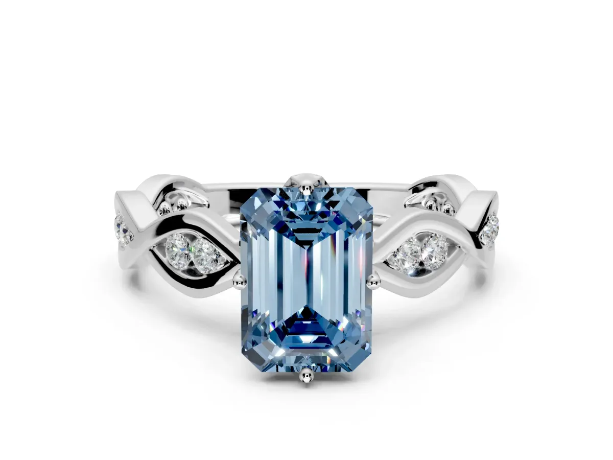 Solitaire Engagement Ring Setting for Fancy Blue Emerald Cut Center with Accented Twist Band and Leaf Prong Head in Platinum