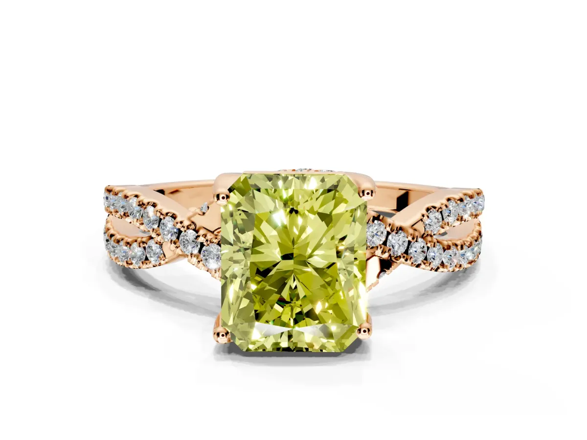 Solitaire Engagement Ring Setting for Fancy Yellow Radiant Cut Center with Narrow Twist Pave Band and Prong Head in Rose Gold