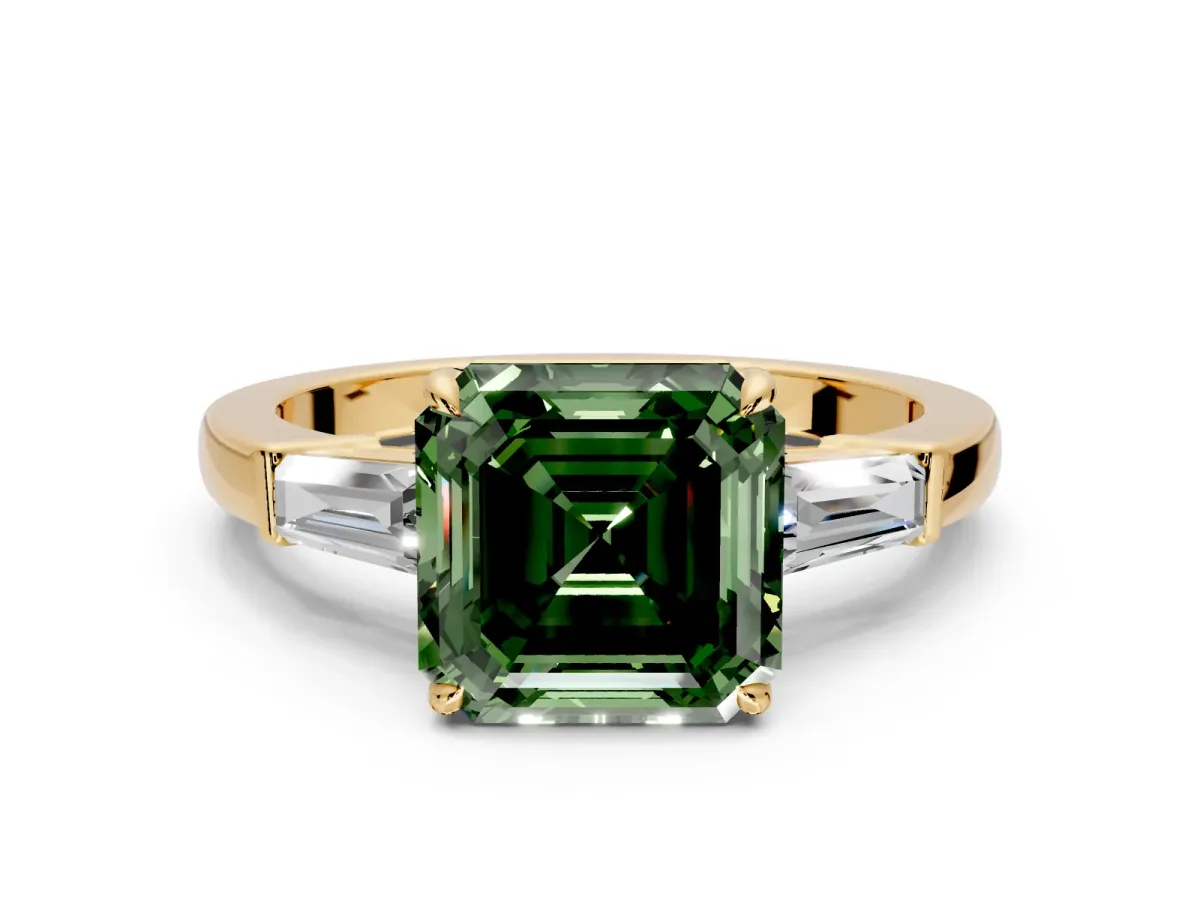 3 Stone Engagement Ring Setting for Fancy Green Asscher Cut Center with Baguette Accents and Prong Head in Yellow Gold