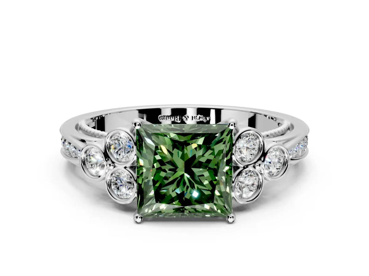 Cluster Engagement Ring Setting for Fancy Green Princess Cut Center with Bezel Accent Clusters and Prong Head in Sterling Silver
